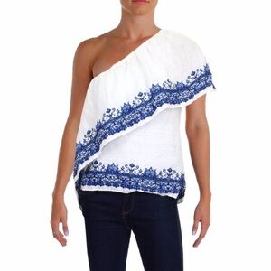 LAUREN Ralph Lauren Women's White One Shoulder Linen Top Boho Print Size 1X
